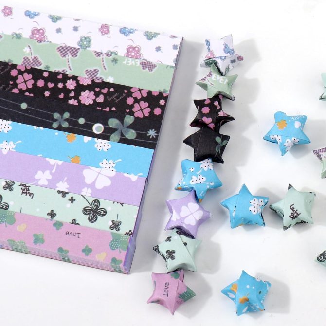 1080PCS Star Paper Strips, 8 Styles Four Leaf Clover Printed Origami Star Paper Strips,DIY Paper Crafts Supplies