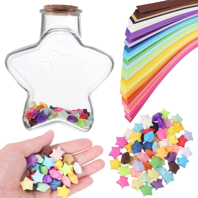 32Set Glass Wishing Bottle Gradient Blue With Origami Star Paper Strips For Room Decor And Birthday present