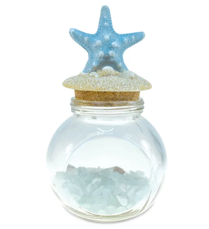 Turquoise Starfish Nautical Glass Bottle with Crystal Rocks and Shells - Decorative Bottle with Fixed Starfish Lid Jar Topper, Glass Jar for Beach Home Decor, Starfish Gift and Souvenir