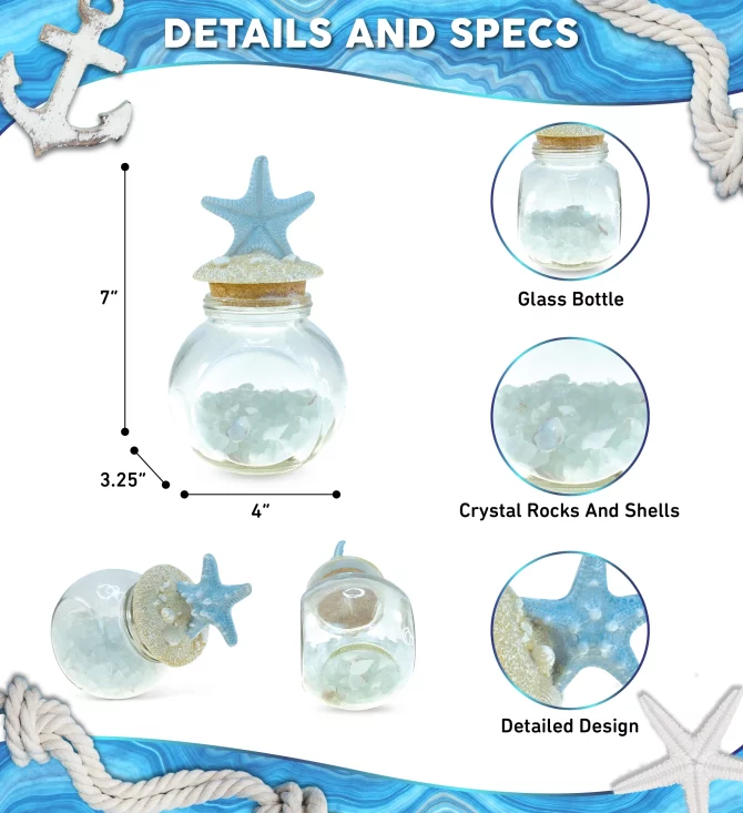 Turquoise Starfish Nautical Glass Bottle with Crystal Rocks and Shells - Decorative Bottle with Fixed Starfish Lid Jar Topper, Glass Jar for Beach Home Decor, Starfish Gift and Souvenir - Image 2