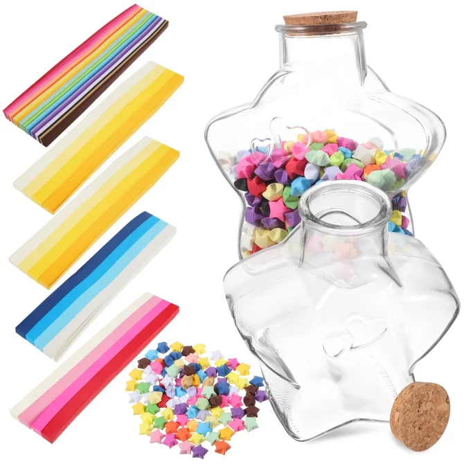 1 Set Star Paper Strips Wishing Bottle Set Wishing Star Jar Mixed Colors Glass present