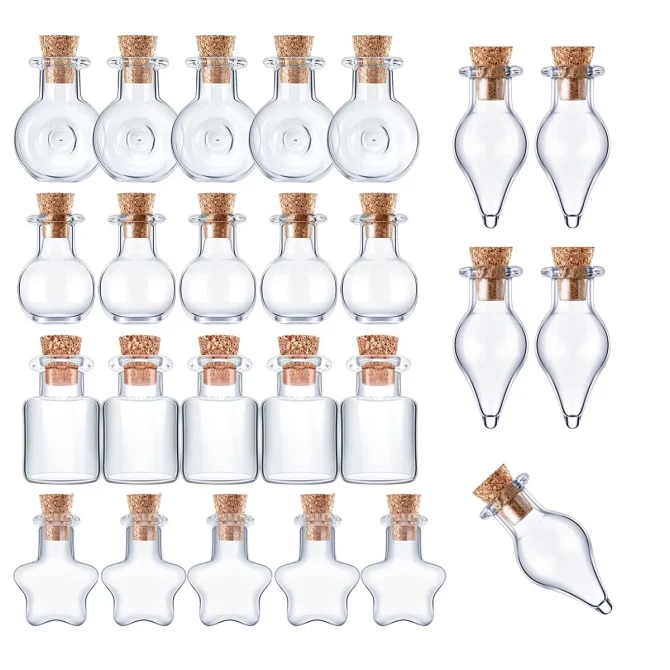 25Pcs Mini Glass Bottles with Cork Lids, 5 Classic Shapes Tiny Glass Jars, Wishing Bottles, Small DIY Decorative Craft Vials for DIY Crafts Party Weddings Decoration Storage Accessories